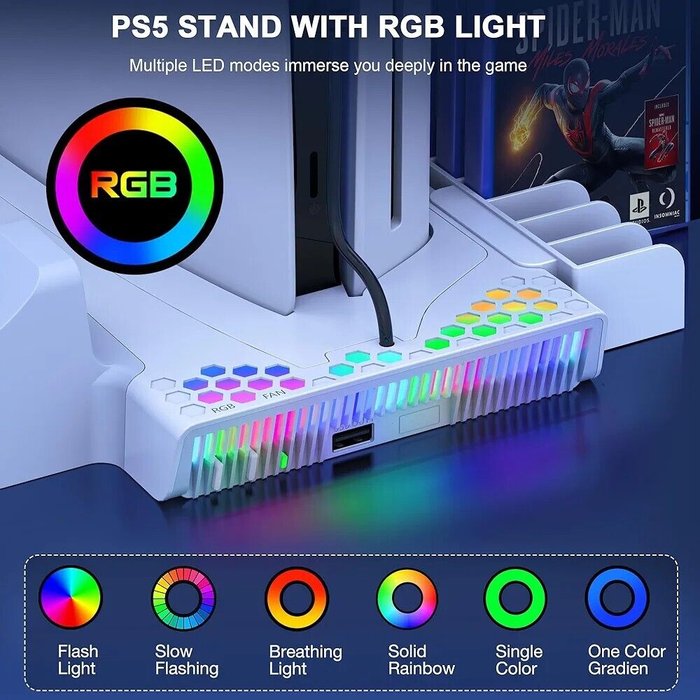 PS5 cooling stand with RGB lights featuring multiple LED modes for enhanced gaming immersion