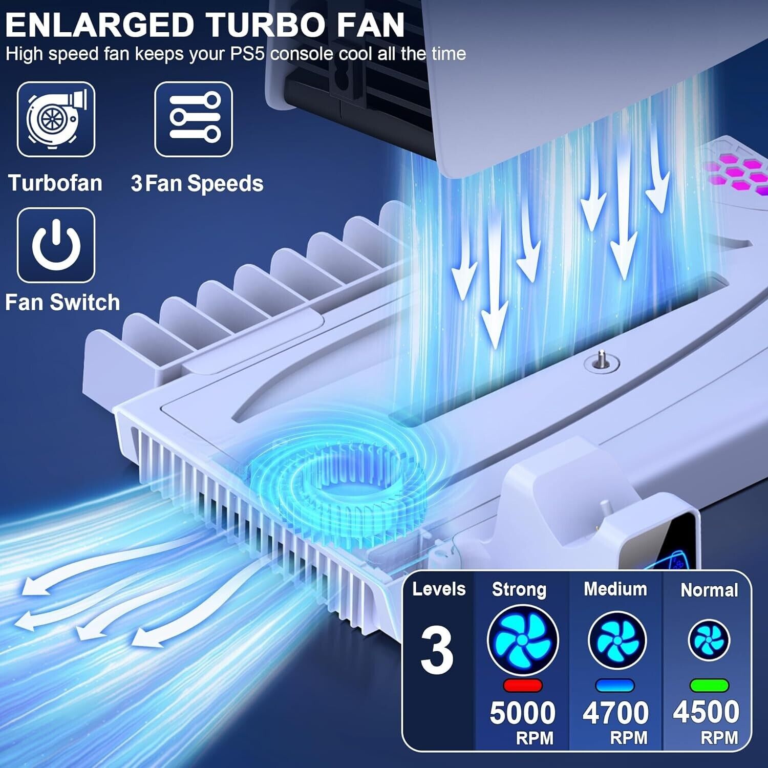 PS5 cooling stand with RGB lights featuring an enlarged turbo fan for optimal cooling performance