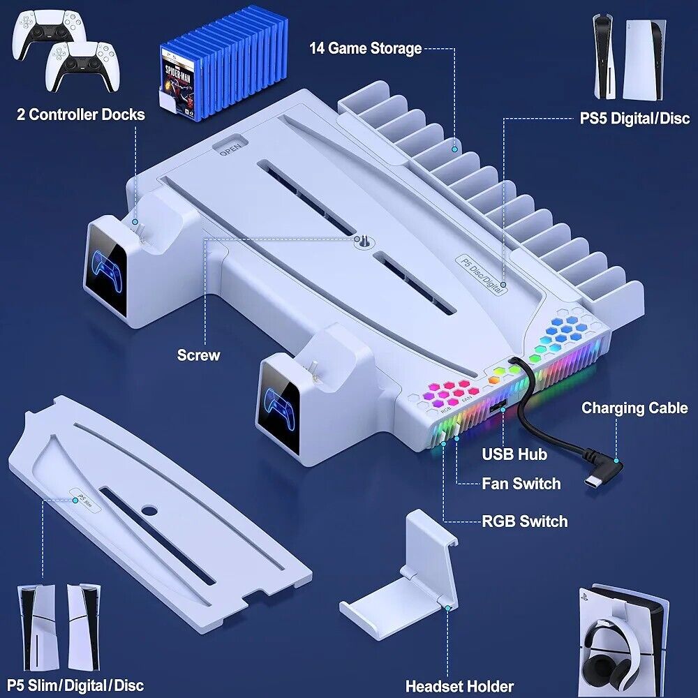 PS5 cooling stand with RGB lights featuring game storage and charging docks