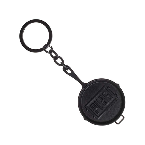 PUBG frying pan keychain in black metal with detailed logo, perfect for gamers and collectors