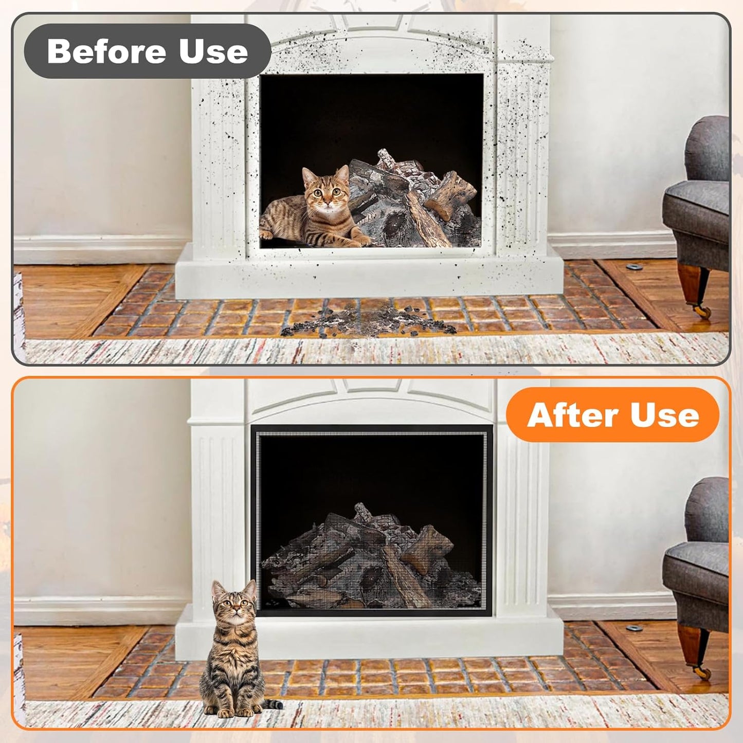 PVC mesh fireplace cover showing before and after use with a cat in front of a clean fireplace