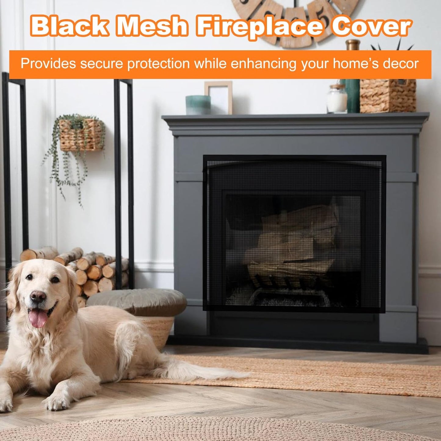 PVC mesh fireplace cover in black, providing secure protection and enhancing home décor with a stylish design