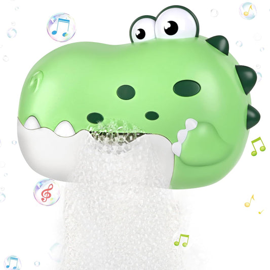 JoiTale rechargeable baby bath bubble machine in green dinosaur design with bubble production and music feature