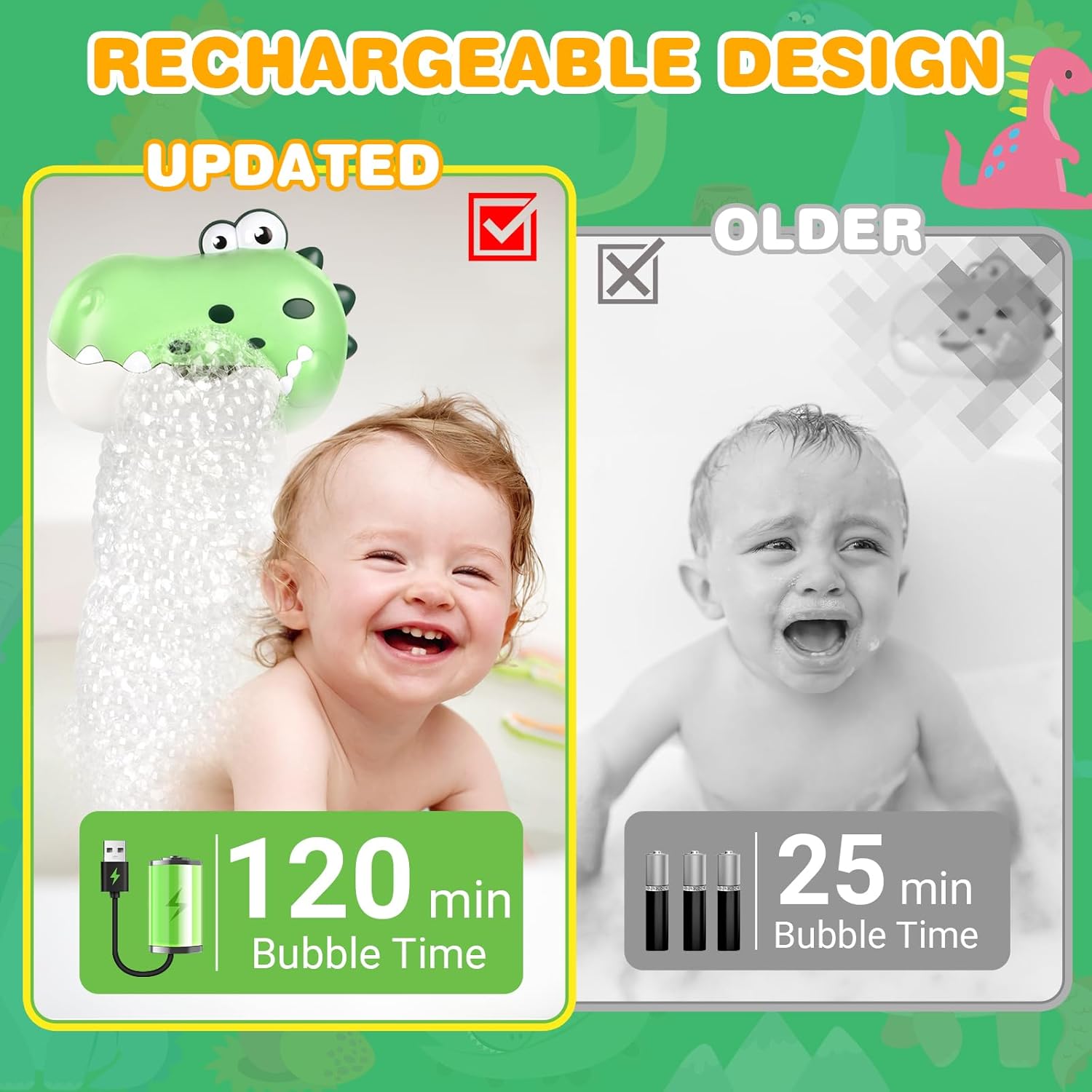 Rechargeable baby bath bubble machine with updated design for 120 minutes of bubbles and fun