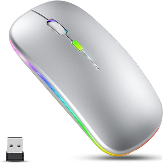 Silver Rechargeable Wireless Mouse with Colourful LED Edge and USB Receiver