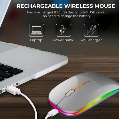 Rechargeable wireless mouse charging via USB cable connected to a laptop for convenient use