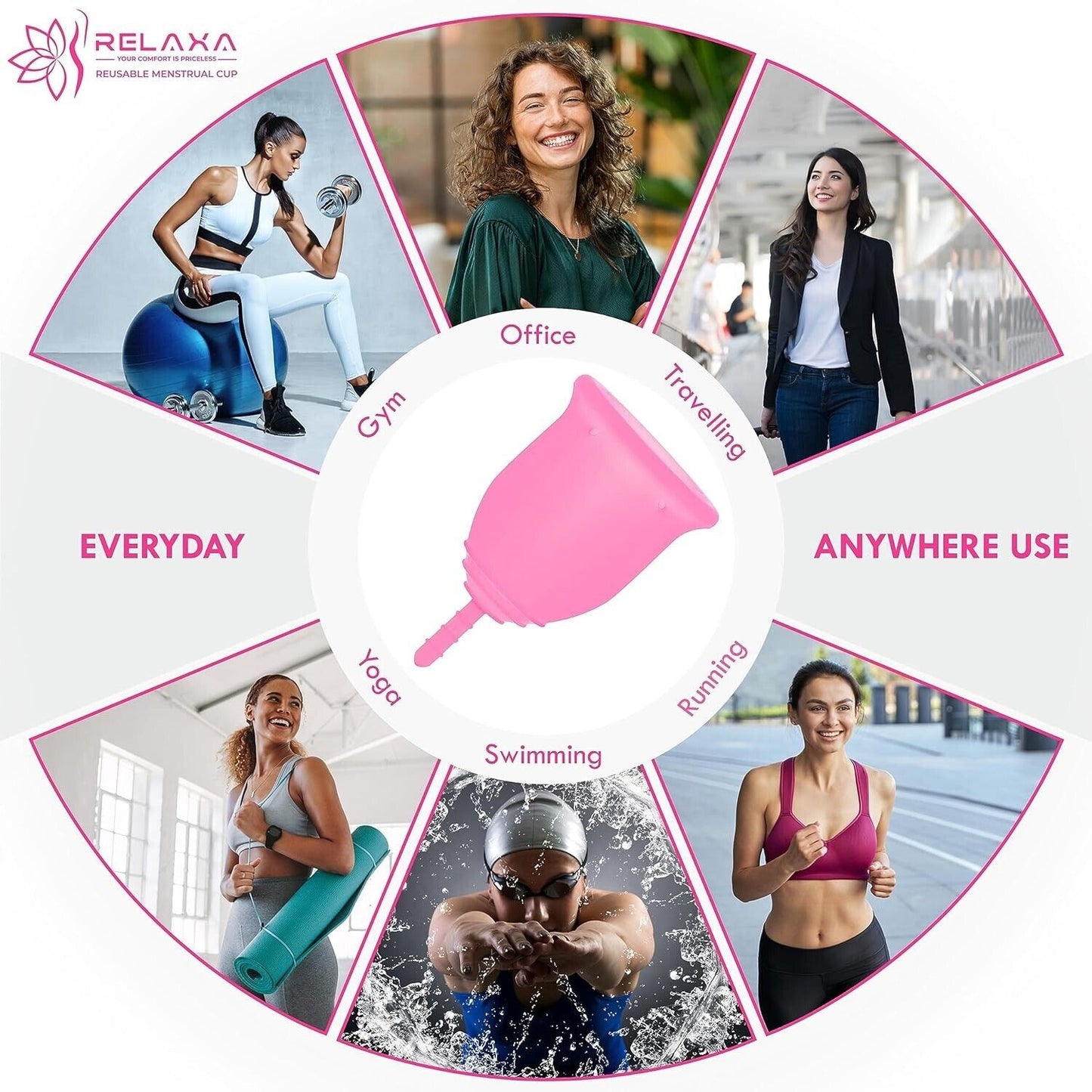 Pink small reusable menstrual cup designed for everyday use and various activities like gym and yoga