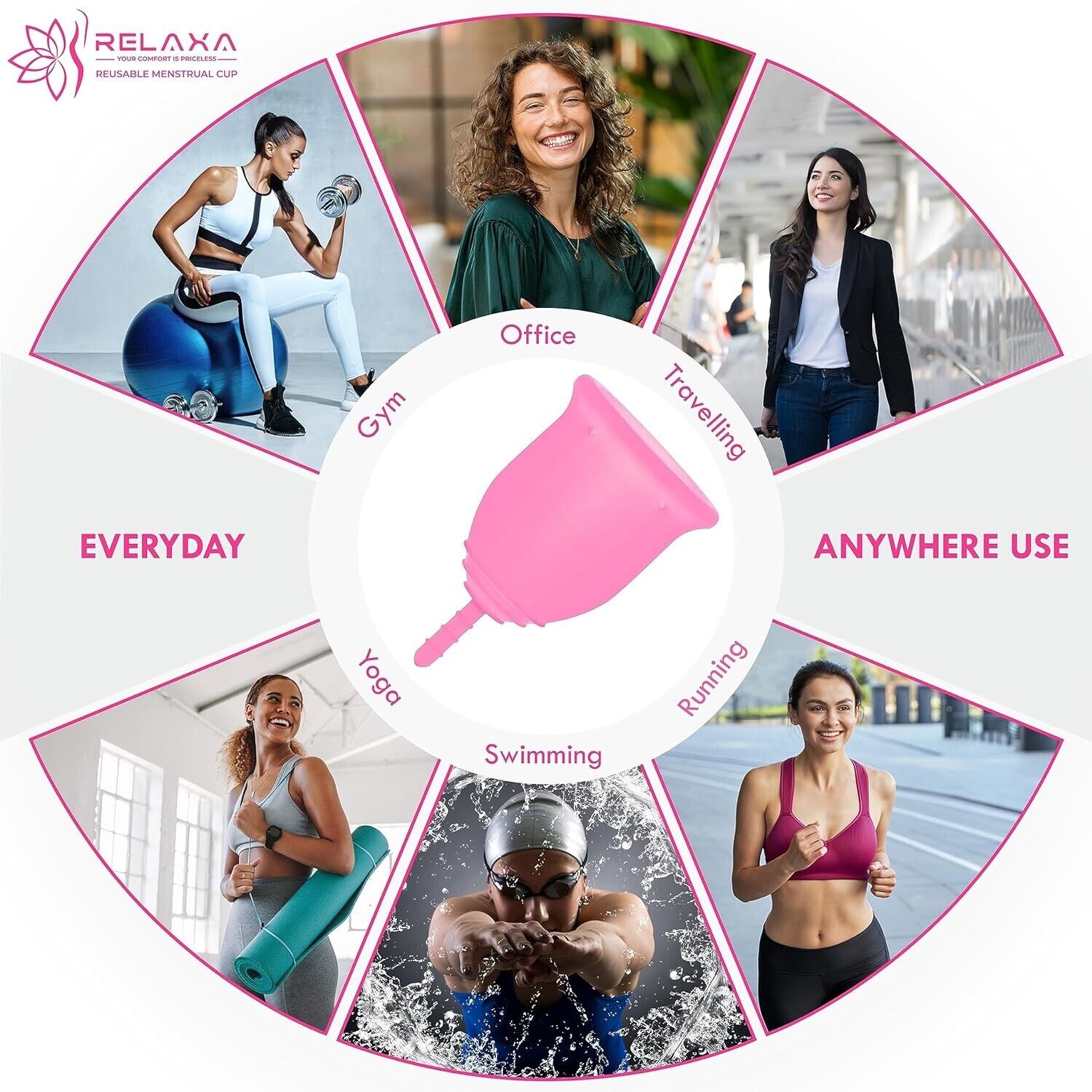 Pink small reusable menstrual cup designed for everyday use and various activities like gym and yoga