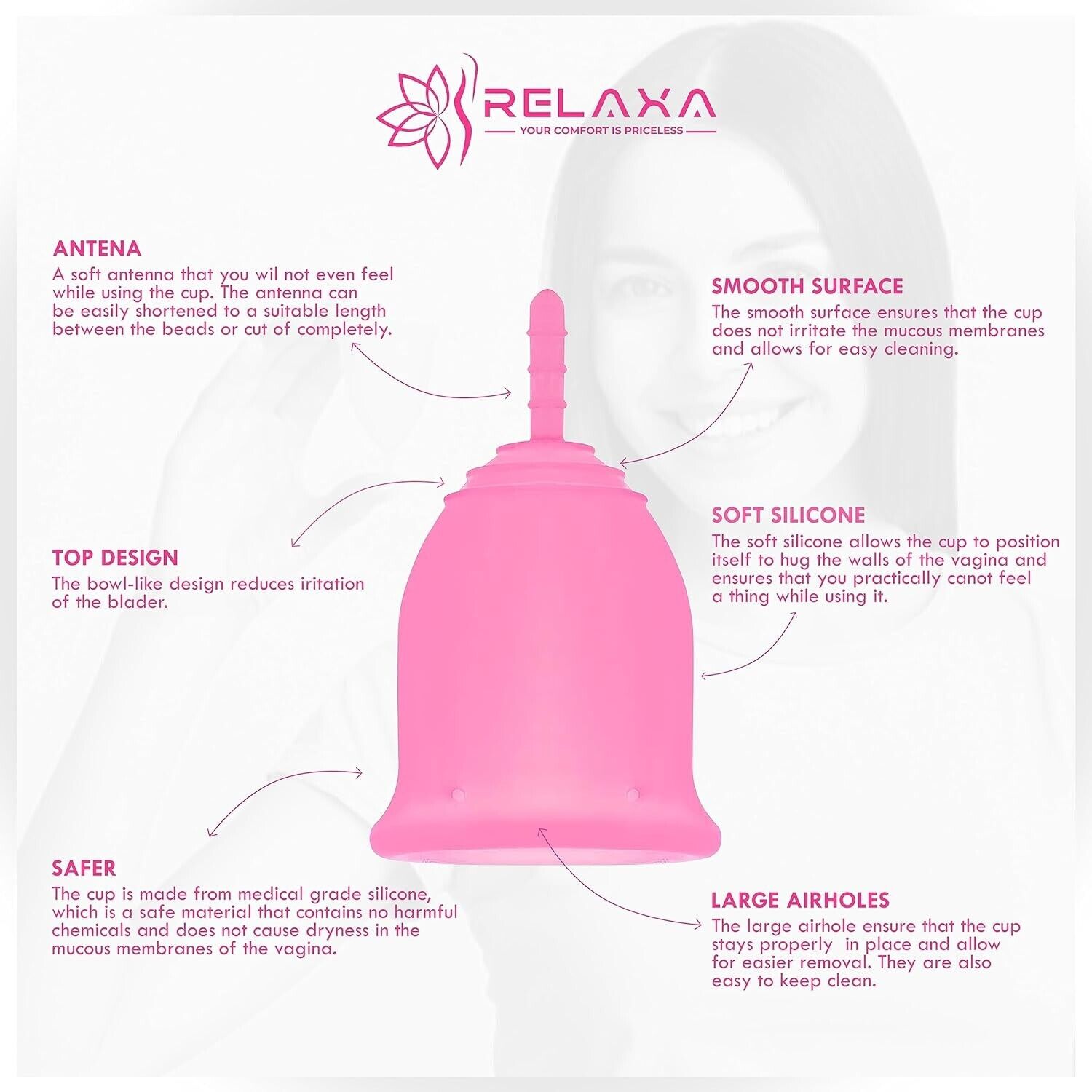 Small reusable menstrual cup in pink with soft silicone and smooth surface for comfort and ease of use