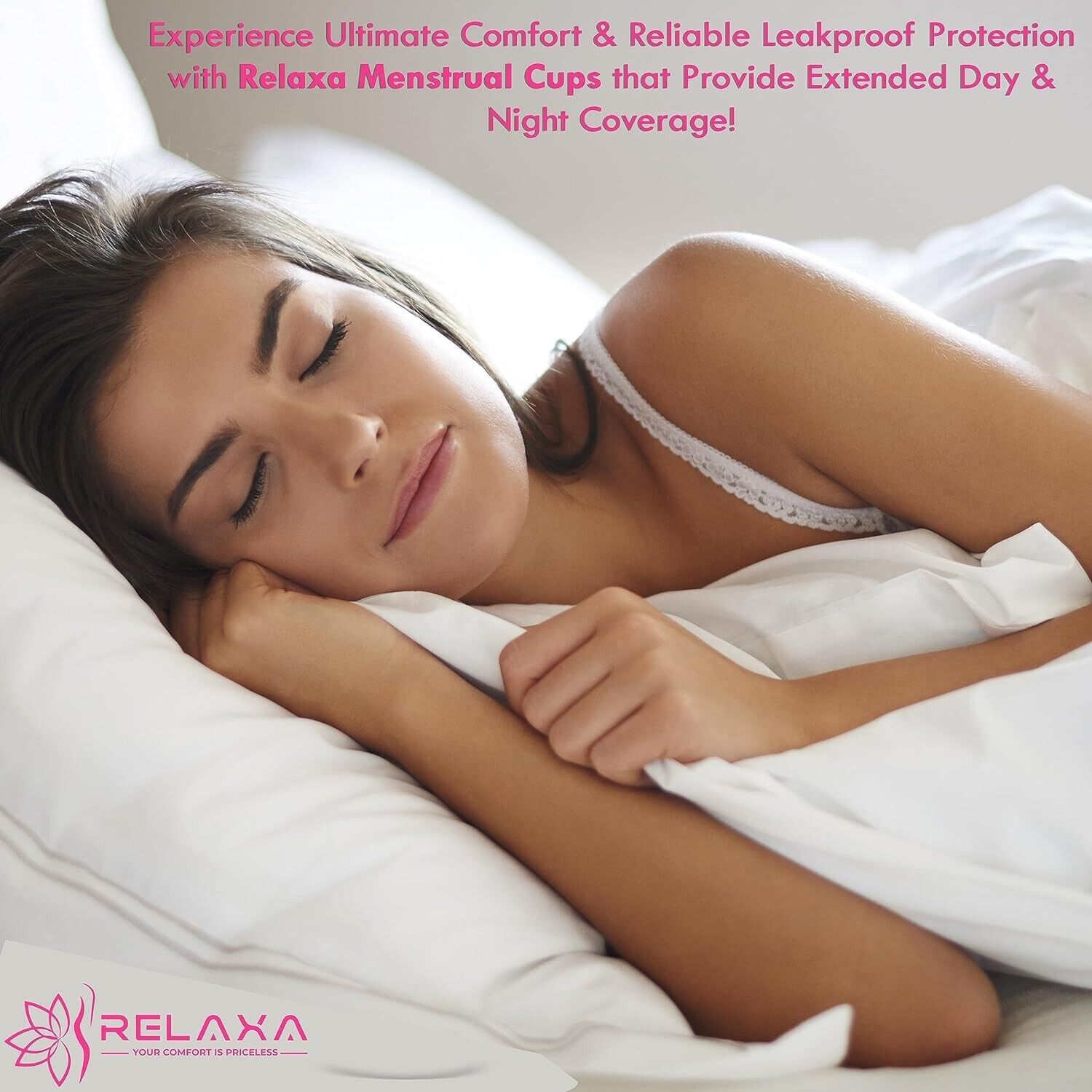 Woman sleeping comfortably with small reusable menstrual cup for reliable leakproof protection