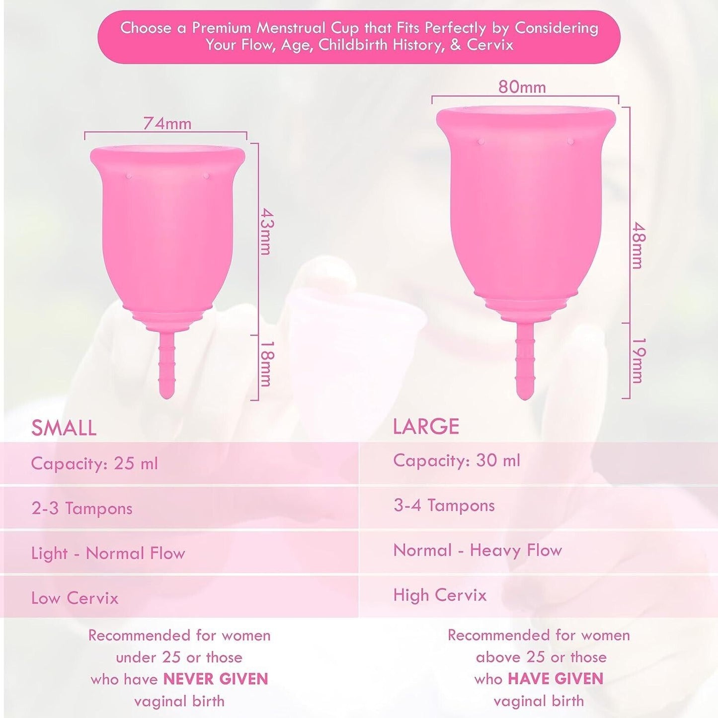 Small reusable menstrual cup in pink with size comparison and capacity details for optimal menstrual care
