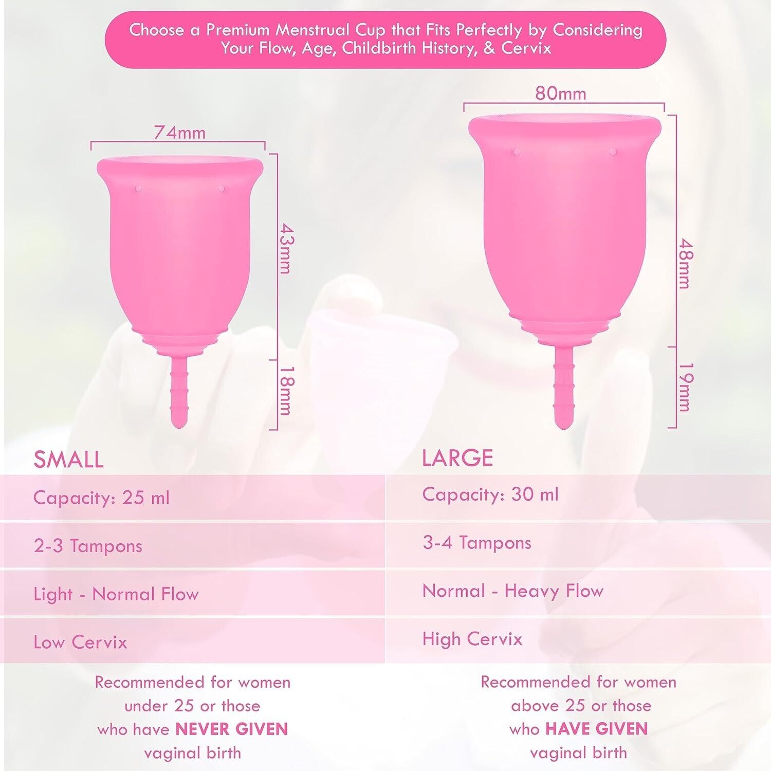 Small reusable menstrual cup in pink with size comparison and capacity details for optimal menstrual care