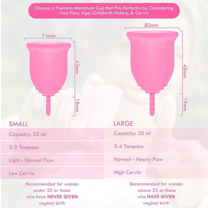 Small reusable menstrual cup in pink with size comparison and capacity details for optimal menstrual care