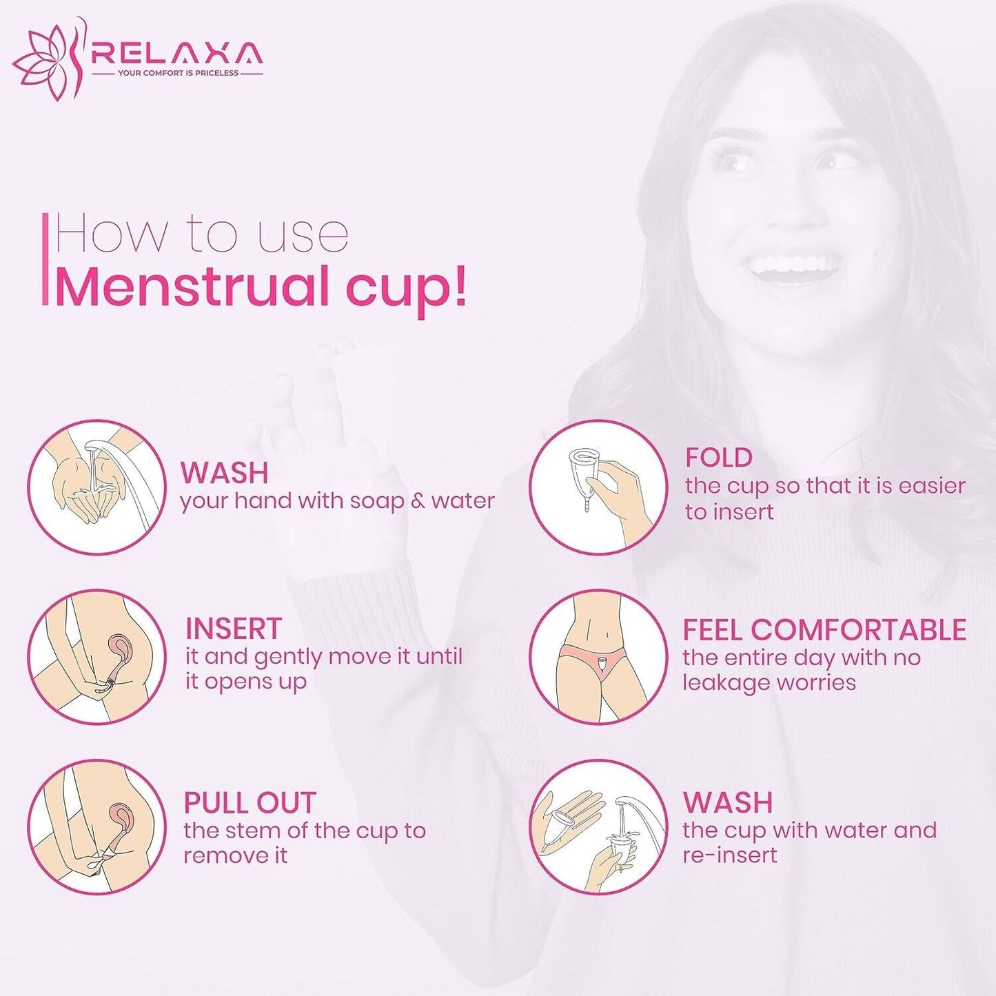 Instructions on how to use a small reusable menstrual cup with illustrations and tips for easy use