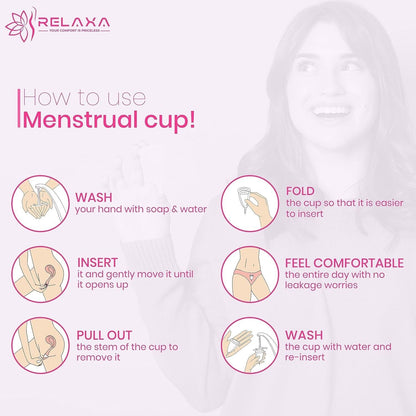 Instructions on how to use a small reusable menstrual cup with illustrations and tips for easy use