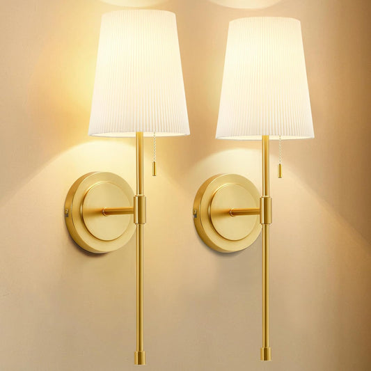 GyroVu retro wall sconces set of 2 in gold with pleated shades for elegant home decor
