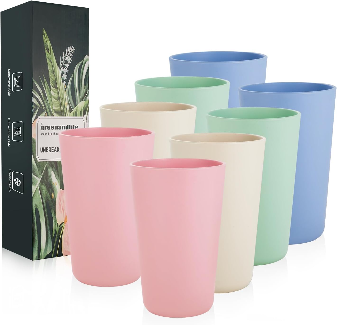 Set of eight reusable plastic drinking cups in pastel colours by greenandlife, ideal for eco-friendly dining