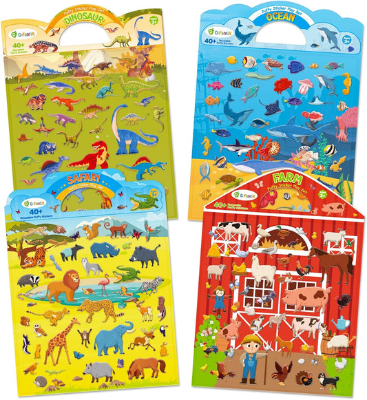 D-FantiX reusable sticker books for kids featuring themes like dinosaurs, ocean, safari, and farm