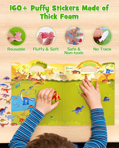 D-FantiX reusable sticker books for kids with 160 puffy stickers made of thick foam featuring dinosaurs