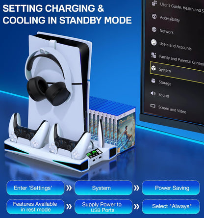 Fanxieast RGB PS5 cooling stand with charging docks and USB ports for PlayStation accessories