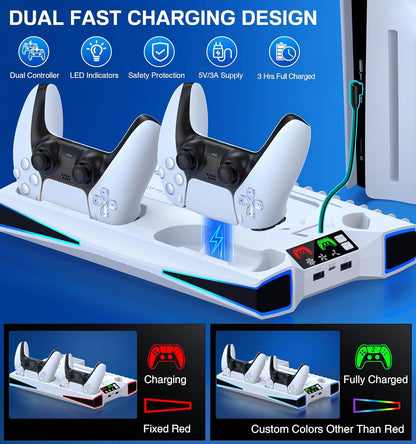 Fanxieast RGB PS5 cooling stand with dual fast charging design for controllers and LED indicators