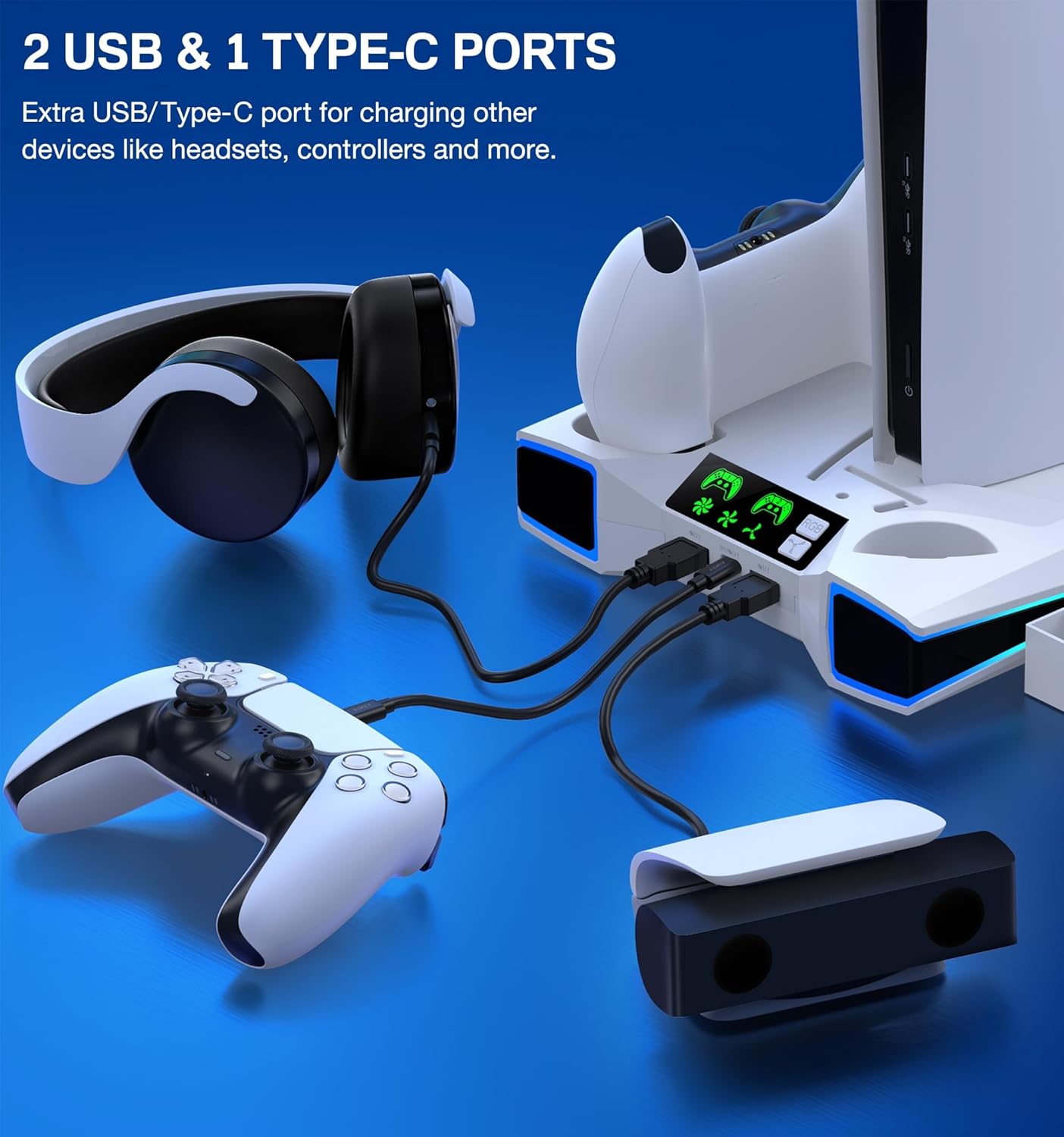 Fanxieast RGB PS5 cooling stand with 2 USB and 1 Type-C ports for charging accessories