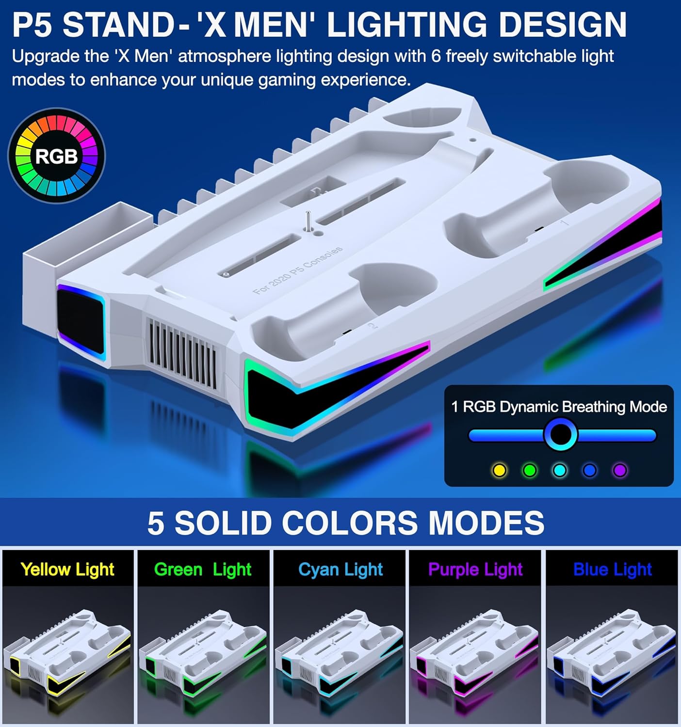 Fanxieast RGB PS5 cooling stand with six switchable lighting modes for enhanced gaming experience