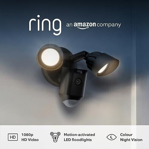 Ring Floodlight Cam Black with HD video, motion-activated LED floodlights, and night vision