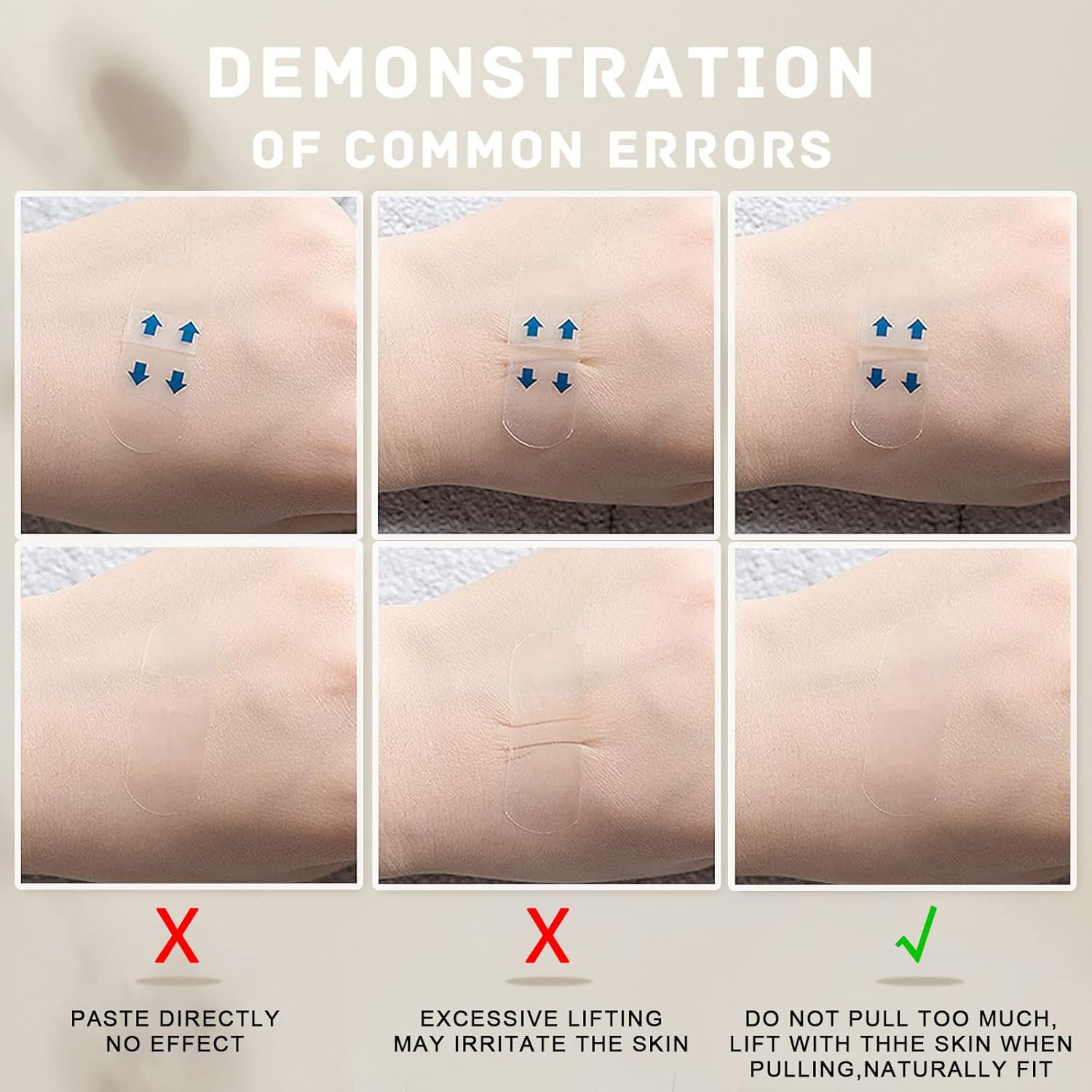 Demonstration of common errors when using facelift tapes for instant lift on the skin