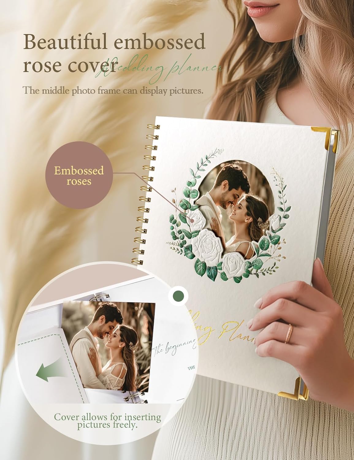 Aisbugur wedding planner book UK with embossed rose cover and photo insert feature for personalised pictures