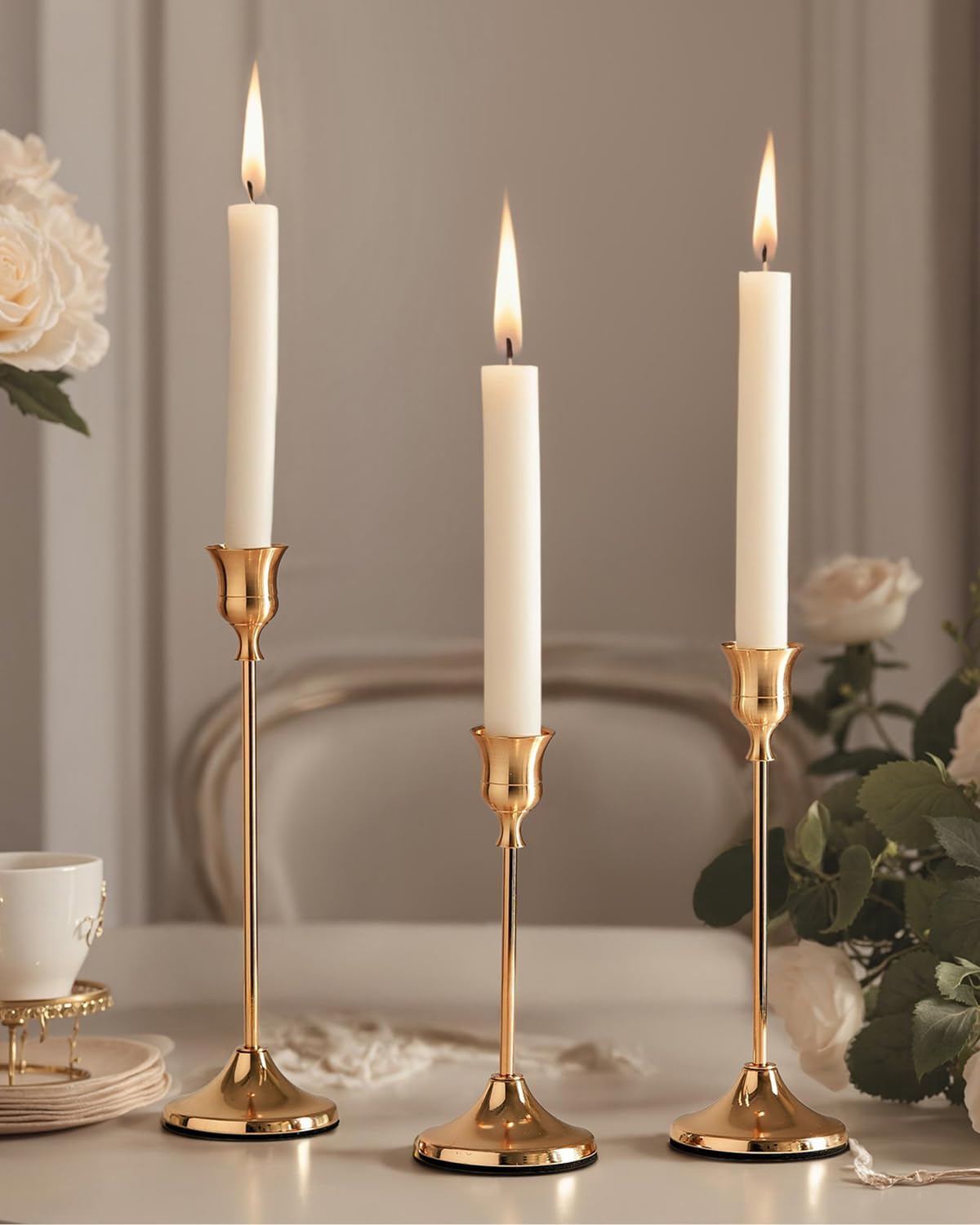 Elegant rose gold candle holders set for stylish home decor featuring three tall holders