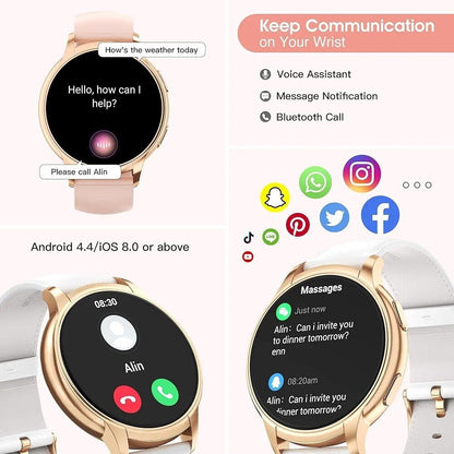 Rose gold smart watch for Android and iOS displaying messages and call features for easy communication