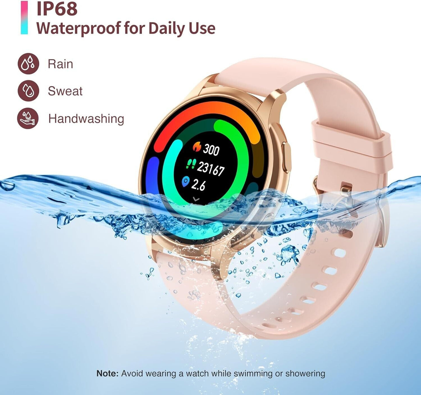 Stylish rose gold smart watch for Android and iOS with IP68 waterproof rating for daily use
