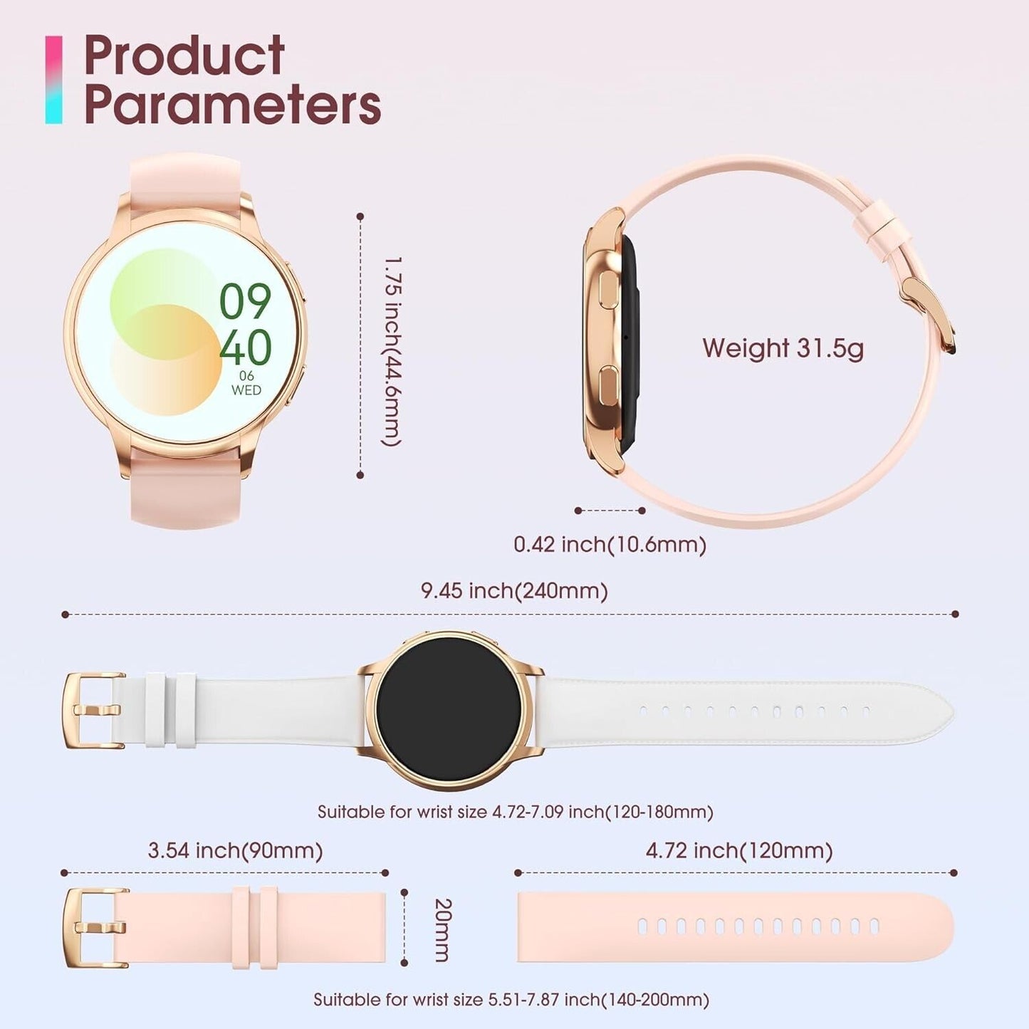 Rose gold smart watch for Android and iOS with sleek design and adjustable strap options