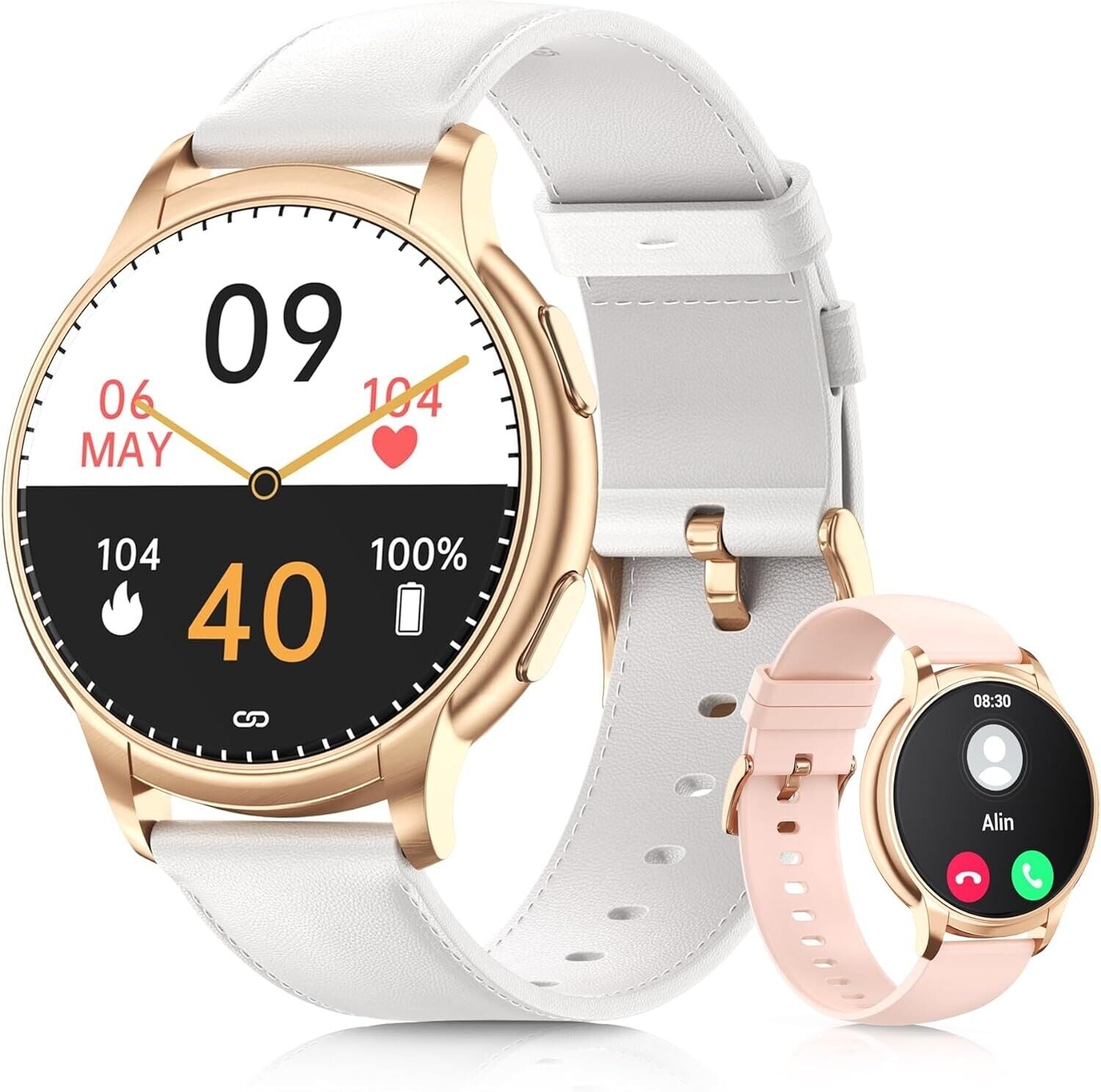 Stylish rose gold smart watch for Android and iOS with white strap and health tracking features