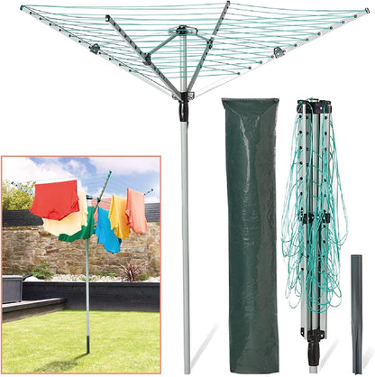 Home Treats rotary airer clothes line with colourful laundry drying in the garden