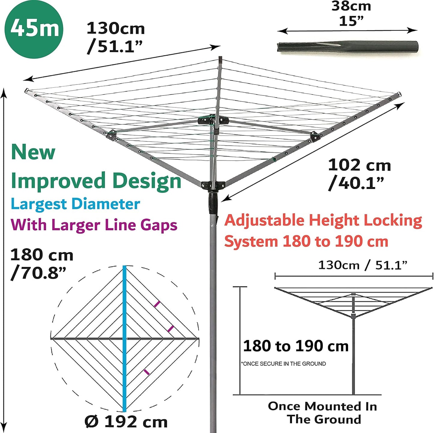 Home Treats rotary airer clothes line with adjustable height and large diameter for efficient drying