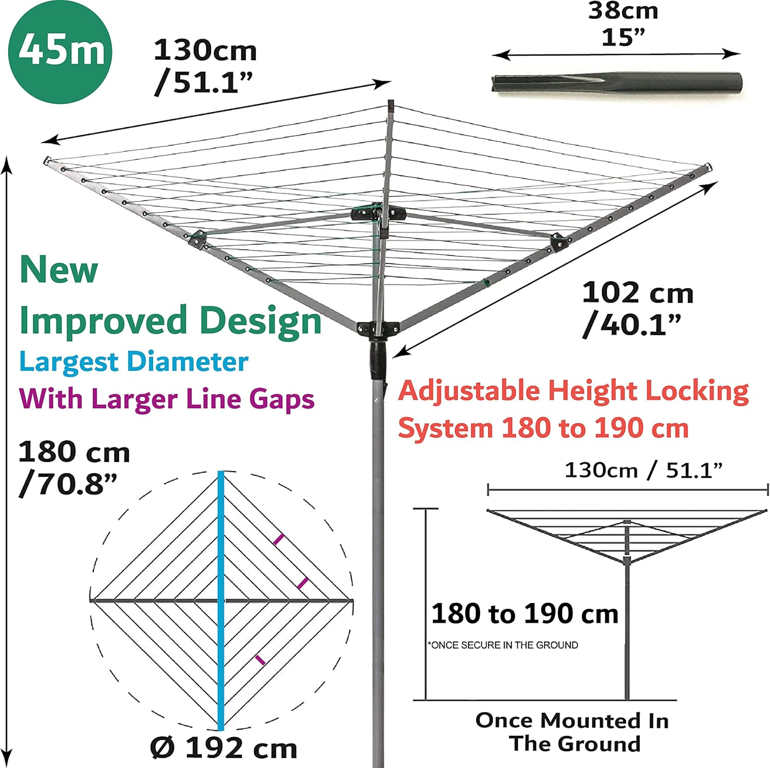Home Treats rotary airer clothes line with adjustable height and large diameter for efficient drying