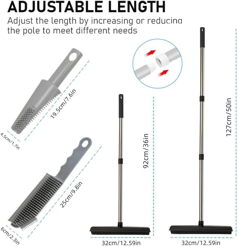 Adjustable Waibejon rubber broom for pet hair removal with extendable pole and comb feature