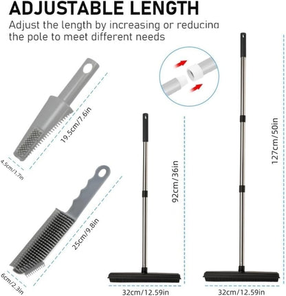 Adjustable Waibejon rubber broom for pet hair removal with extendable pole and comb feature