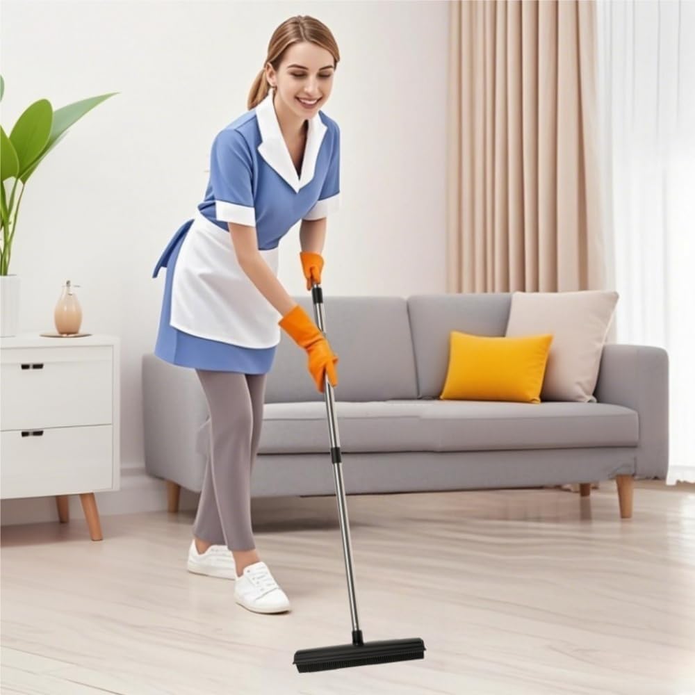 Waibejon rubber broom for pet hair removal in use, featuring a smiling woman cleaning a hardwood floor