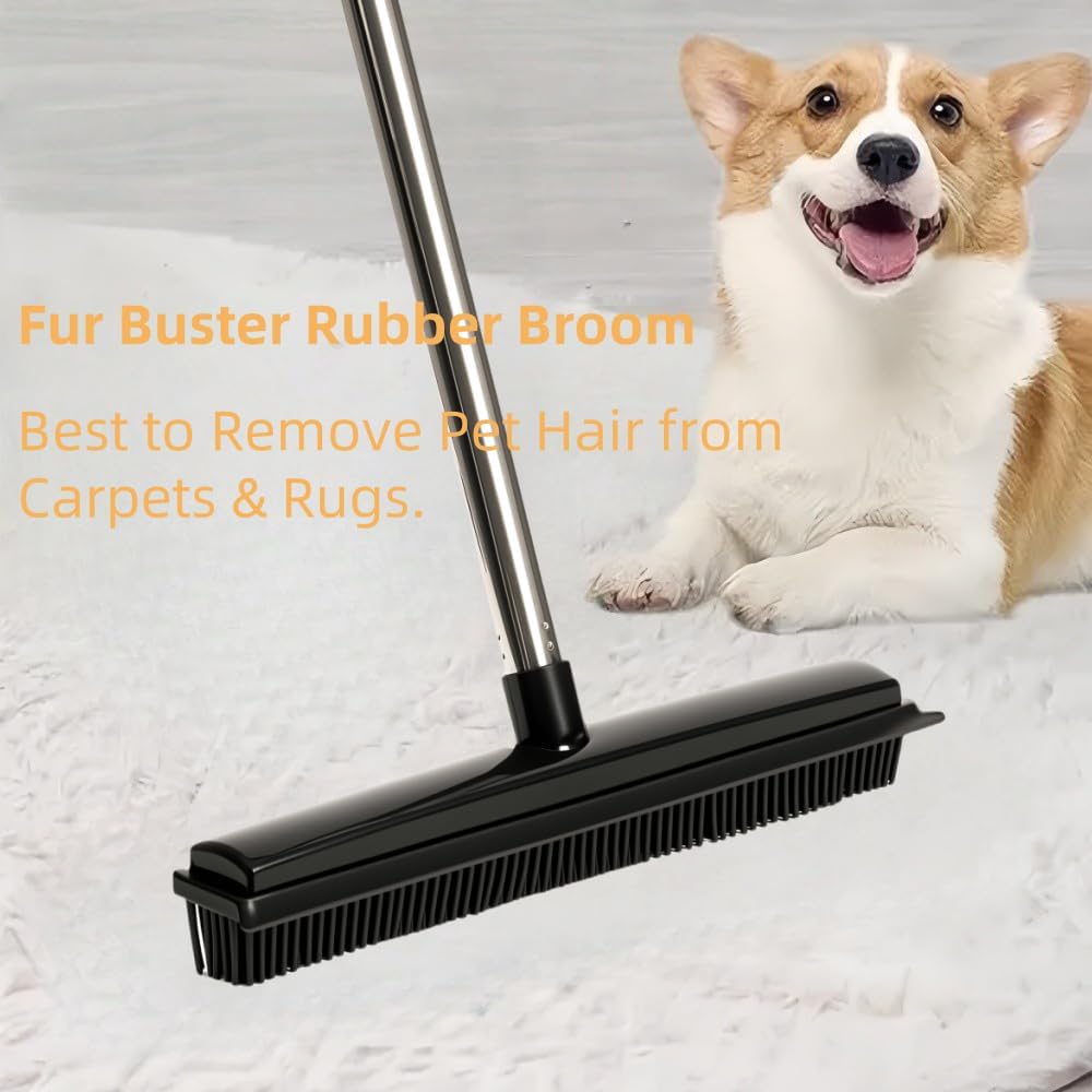 Waibejon Fur Buster Rubber Broom for pet hair removal from carpets and rugs, with a dog sitting nearby