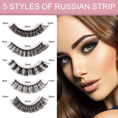 Five styles of Russian strip lashes showcasing varying lengths for a dramatic eye look