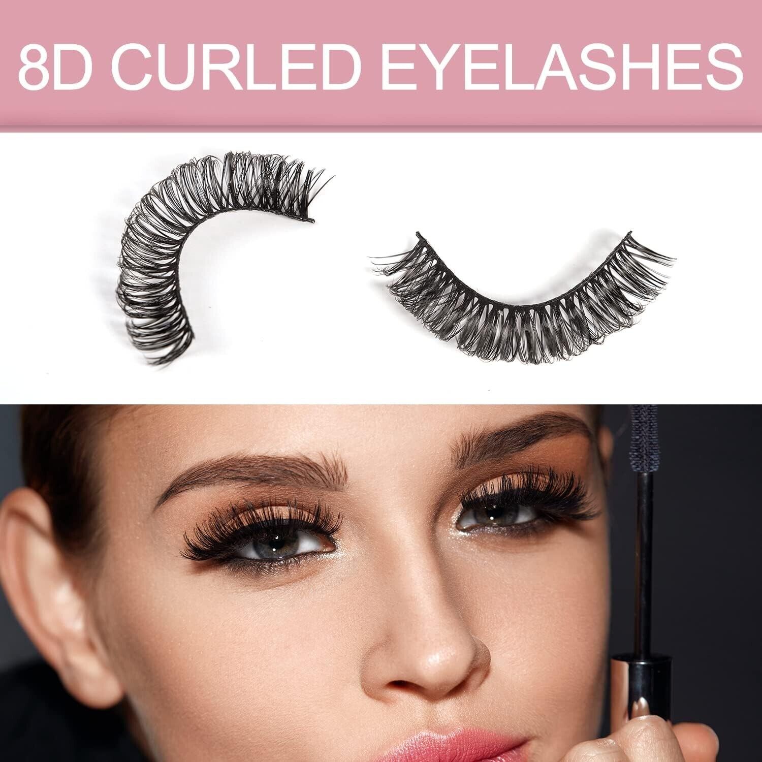 8D Curled Eyelashes showcasing Russian strip lashes for a dramatic, voluminous look