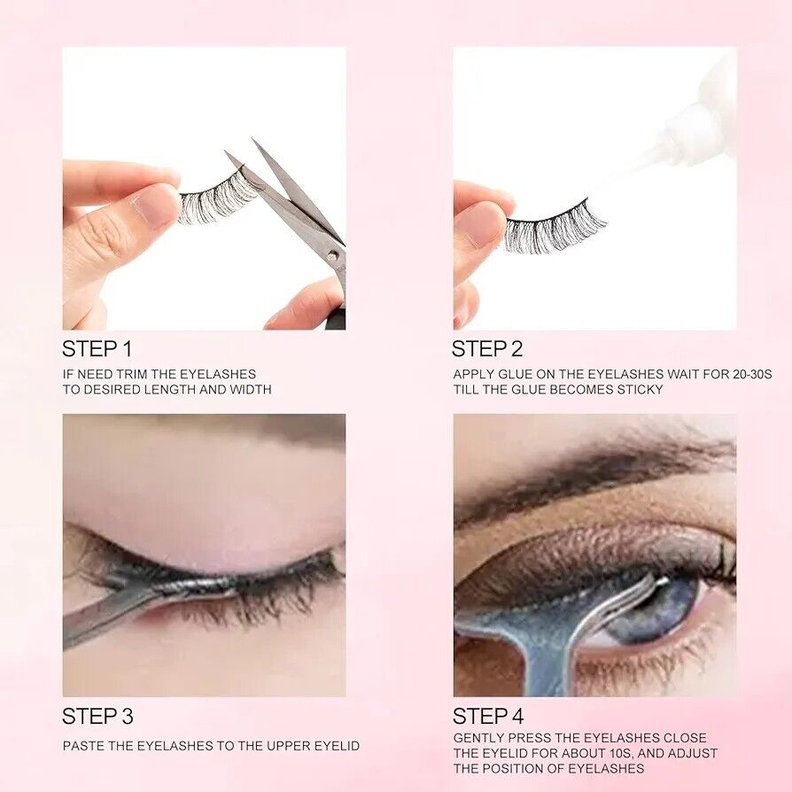 Step-by-step guide for applying Russian strip lashes with adhesive and positioning tools