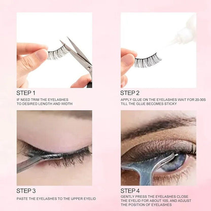 Step-by-step guide for applying Russian strip lashes with adhesive and positioning tools