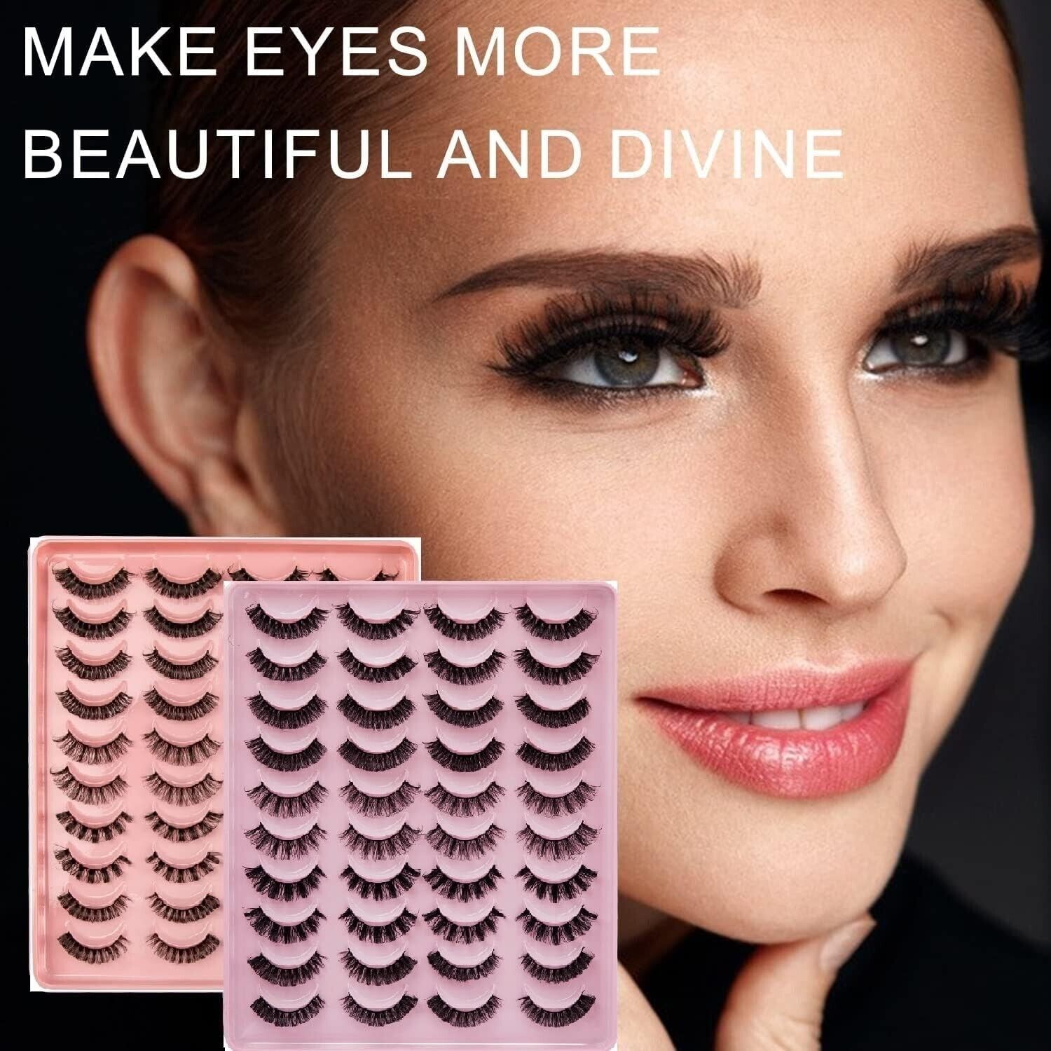Stylish Russian strip lashes showcased in a pink display, enhancing eye beauty and allure