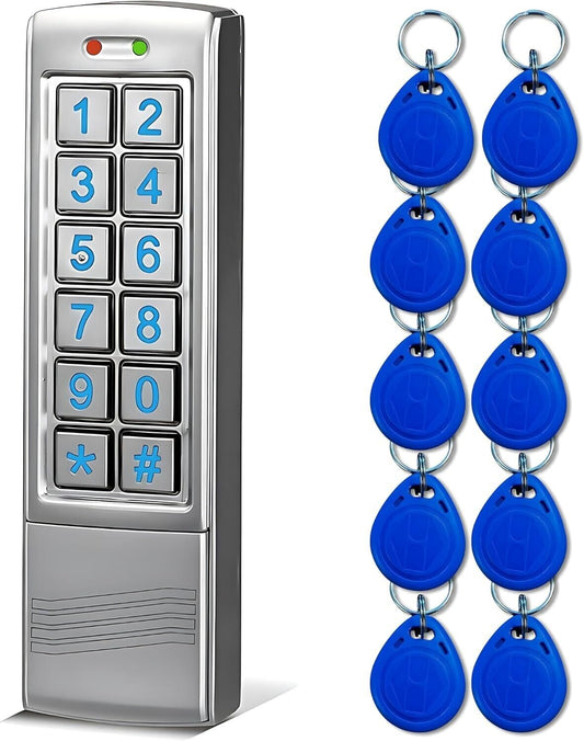Home security door keypad with blue key fobs for easy access control