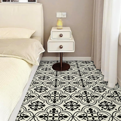 NUFLR self adhesive floor tiles 30cm x 30cm featuring an elegant black and white design in a bedroom setting