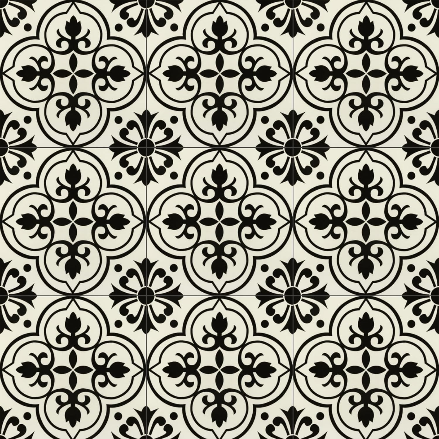 NUFLR self adhesive floor tiles 30cm x 30cm with decorative black and white floral patterns for easy home renovation